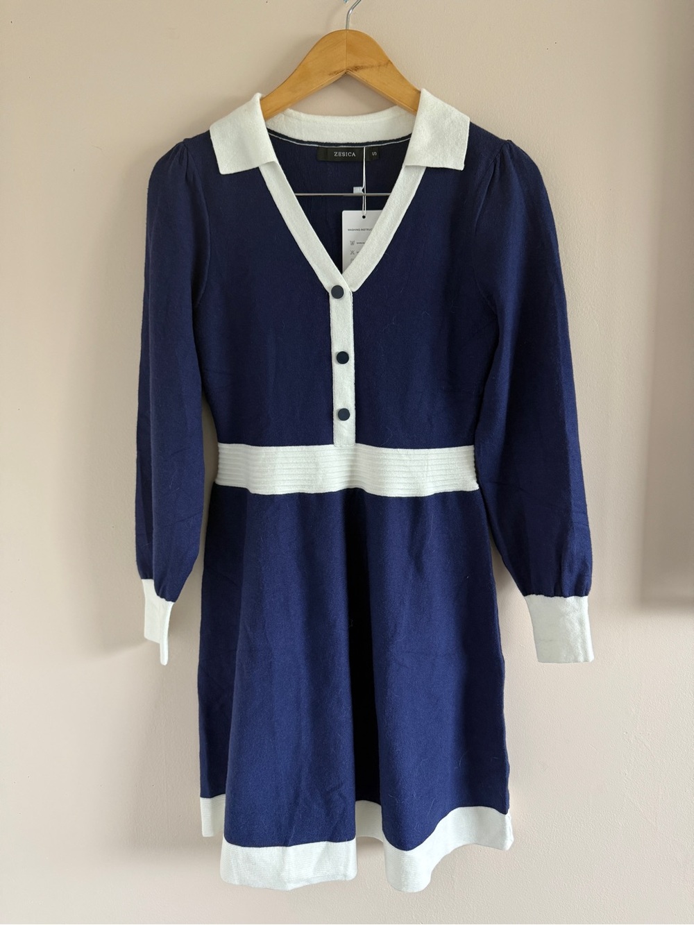 Zessica Navy and White Contrast Long-Sleeve Knit Dress